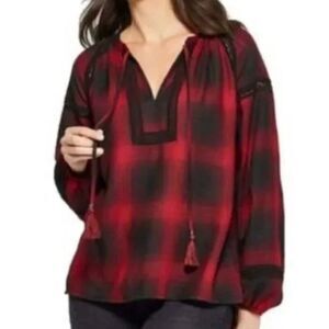 Knox Rose Buffalo Plaid Blouse Women's Size XS Black Red Tassels Tie Long Sleeve